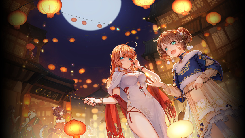 1boy 3girls aihara_mai animal_ears artist_request bands blonde_hair blue_eyes breasts brown_hair cat_ears cat_tail collar dress dutch_angle full_moon fur_collar fur_trim furry furry_male hair_ornament highres hina_momo holding holding_stick ichihime japanese_clothes lantern mahjong_soul medium_breasts moon multiple_girls night official_art open_mouth paper_lantern red_scarf scarf side_bun smile sparkle stick tail wanjirou white_dress yostar