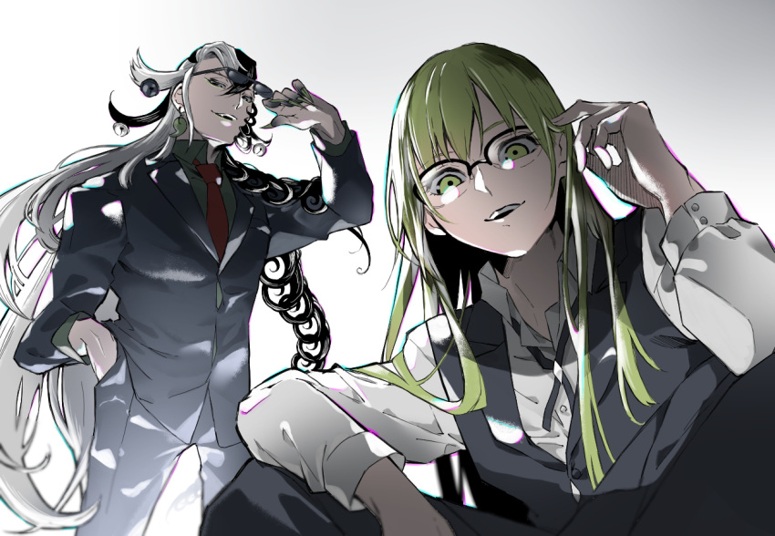 1boy 1other :d alternate_costume ambiguous_gender androgynous ashiya_douman_(fate) bell black_eyes black_hair black_jacket black_vest collared_shirt commentary_request curly_hair earrings enkidu_(fate) evil_smile eyeshadow fate/grand_order fate_(series) feet_out_of_frame fingernails glasses green_eyes green_eyeshadow green_hair green_lips green_nails grey_shirt hair_bell hair_between_eyes hair_intakes hair_ornament jacket jewelry light_green_hair long_hair long_sleeves looking_at_viewer magatama magatama_earrings makeup multicolored_hair necktie red_necktie sakura_(skr_i) sharp_fingernails shirt smile teeth two-tone_hair upper_teeth very_long_fingernails very_long_hair vest white_hair white_shirt