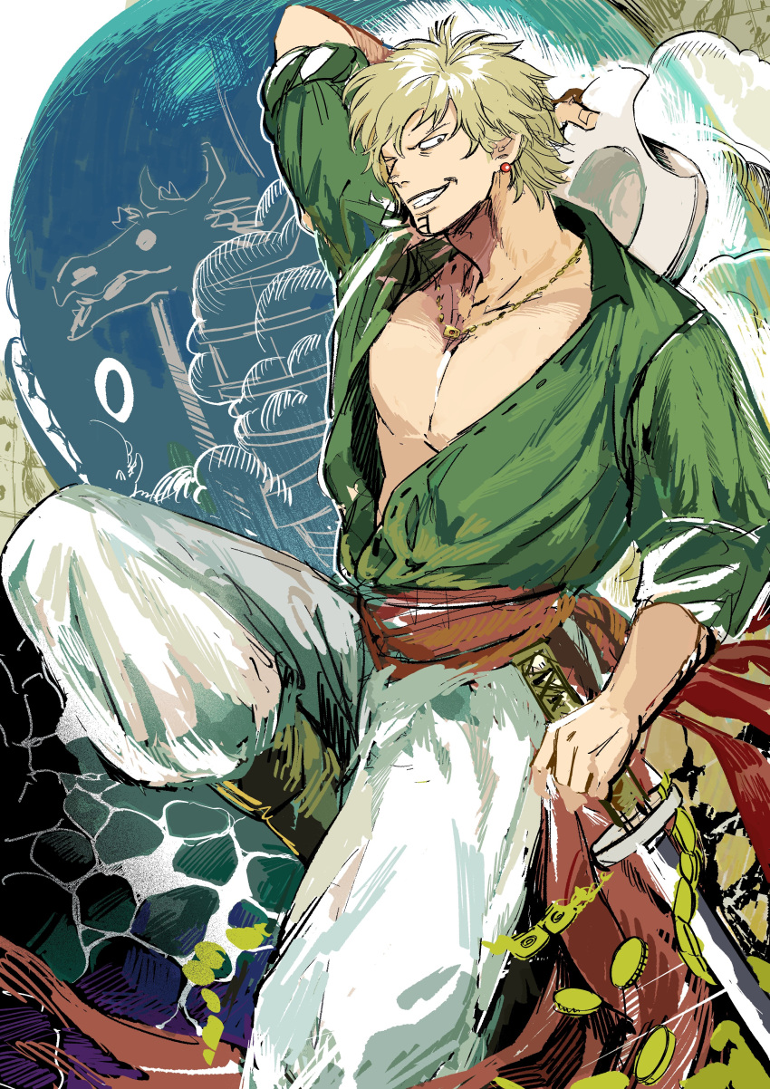 1boy absurdres blonde_hair facial_mark green_shirt grin hat hat_removed headwear_removed highres holding holding_sword holding_weapon jewelry laboon male_focus necklace one_piece pants pectoral_cleavage pectorals shirt sleeves_rolled_up smile solo_focus sword tachibana_(7k_yj) weapon white_pants yorki