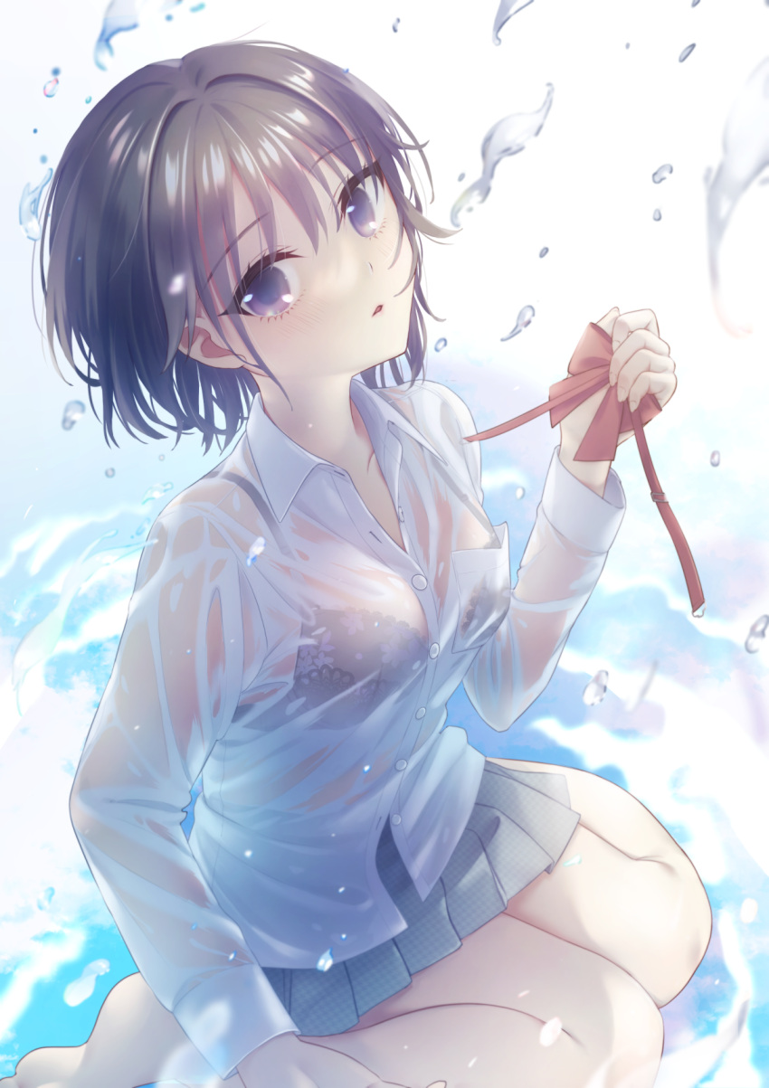 1girl blue_skirt bow bra breasts grey_hair highres holding holding_bow kneeling large_breasts lingerie on_water open_mouth original red_bow school_uniform see-through see-through_sleeves shirt short_hair skirt solo underwear user_uynr5373 violet_eyes water_drop wet wet_clothes wet_hair wet_shirt