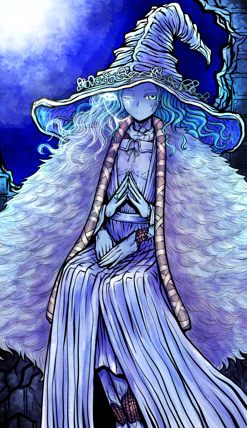 1girl absurdres blue_eyes blue_hair blue_skin cape closed_mouth colored_skin crack cracked_skin dress elden_ring extra_arms extra_faces fur_coat hat highres jewelry long_hair looking_at_viewer nazo_no_diaboro one_eye_closed own_hands_together ranni_the_witch ring smile solo wavy_hair witch witch_hat