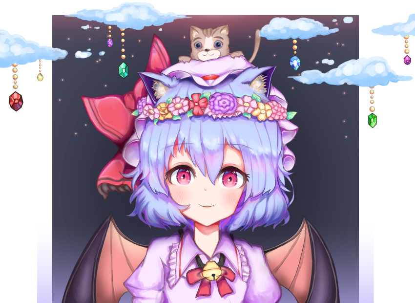 1girl animal_ear_fluff animal_ears animal_on_head bat_wings bell blue_hair blush bow bowtie cat cat_ears cat_on_head closed_mouth clouds collared_shirt commentary eyebrows_visible_through_hair flower_wreath frilled_shirt_collar frills gem hair_between_eyes hat hat_bow head_wreath highres jingle_bell kemonomimi_mode looking_at_viewer medium_hair mob_cap neck_bell on_head pink_headwear pink_shirt red_bow red_bowtie red_eyes remilia_scarlet shirt smile solo touhou upper_body wings yuzak