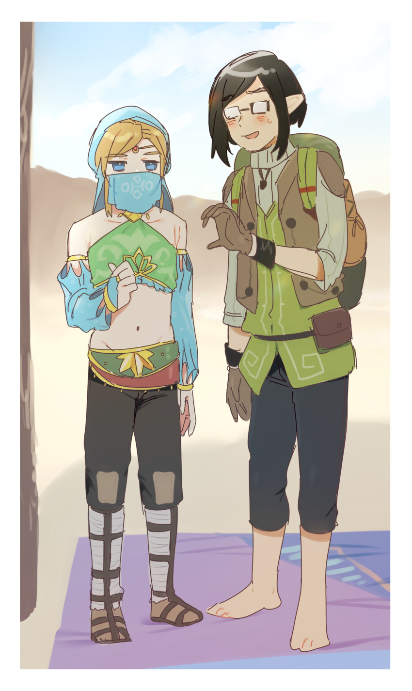 2boys absurdres armlet bangs bare_shoulders barefoot blonde_hair blue_eyes bridal_gauntlets brown_gloves brown_hair brown_jacket character_request crossdressing detached_sleeves earrings eyebrows_visible_through_hair full_body gerudo_set_(zelda) gloves green_shirt heart_hands_failure highres jacket jewelry link long_sleeves looking_at_viewer male_focus midriff mouth_veil multiple_boys navel official_alternate_costume open_clothes open_jacket otoko_no_ko pointy_ears shirt short_hair standing stomach the_legend_of_zelda the_legend_of_zelda:_breath_of_the_wild ttanuu. veil