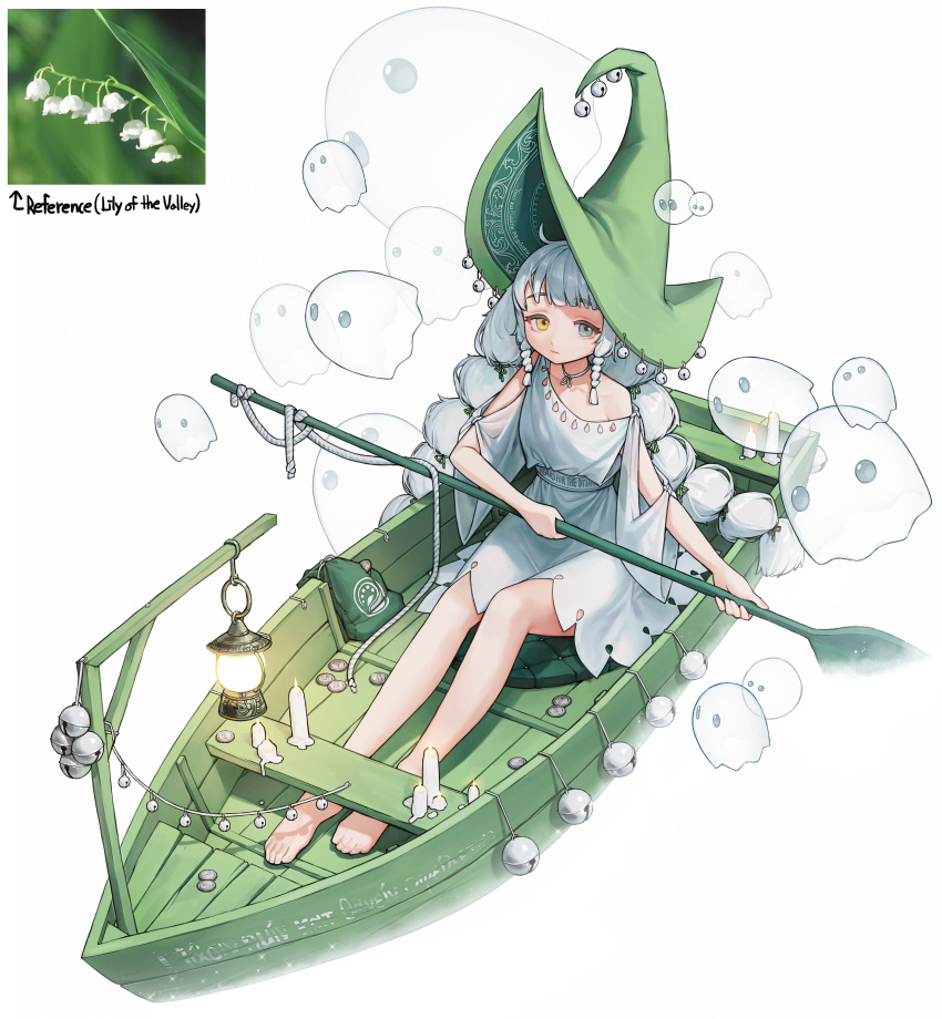 1girl absurdres bangs bare_legs barefoot bell boat coin dress flower ghost green_headwear grey_eyes grey_hair hat heterochromia highres jewelry lantern lily_of_the_valley long_hair multi-tied_hair necklace oar original personification rinotuna shadow simple_background single_bare_shoulder solo watercraft white_background white_dress witch_hat yellow_eyes