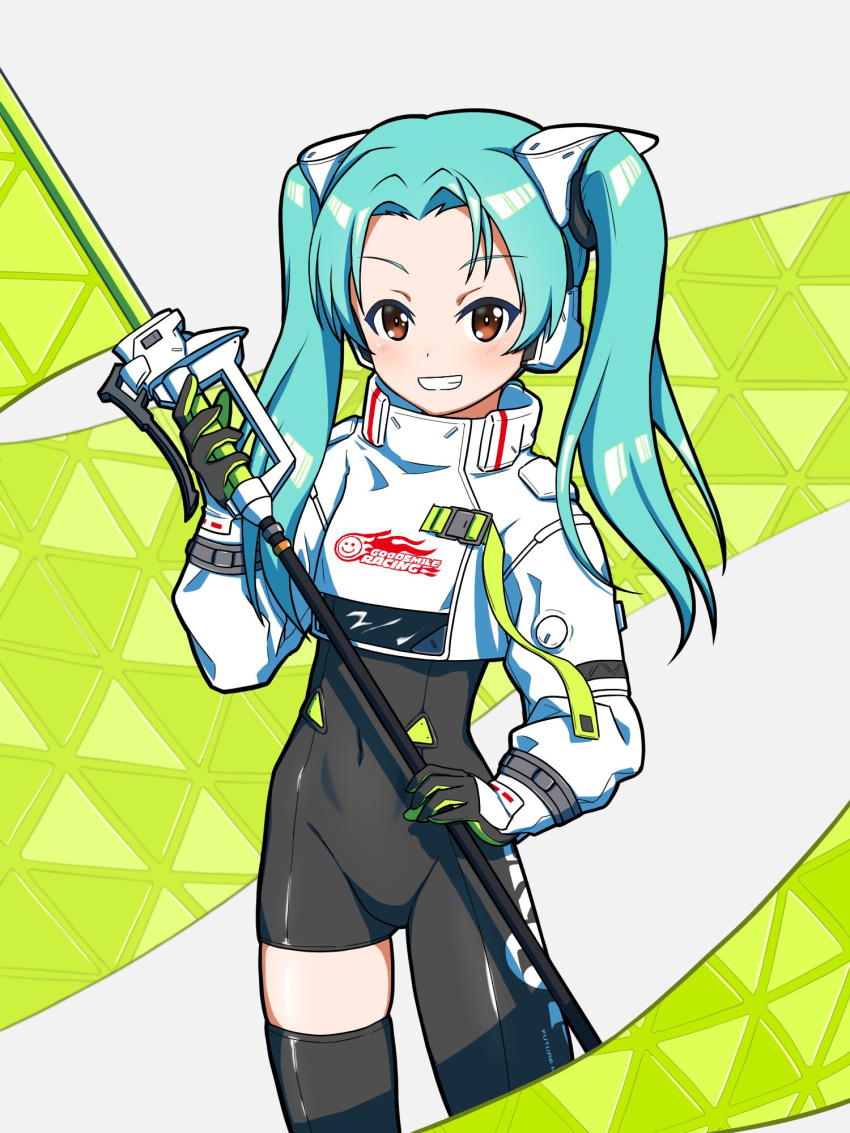 1girl aqua_hair bangs black_gloves brown_eyes commentary cosplay cowboy_shot flag girls_und_panzer gloves goodsmile_racing hachiko_(kota091986) highres holding holding_flag kadotani_anzu long_hair looking_at_viewer parted_bangs racequeen racing_miku racing_miku_(2022) racing_miku_(cosplay) smile solo twintails