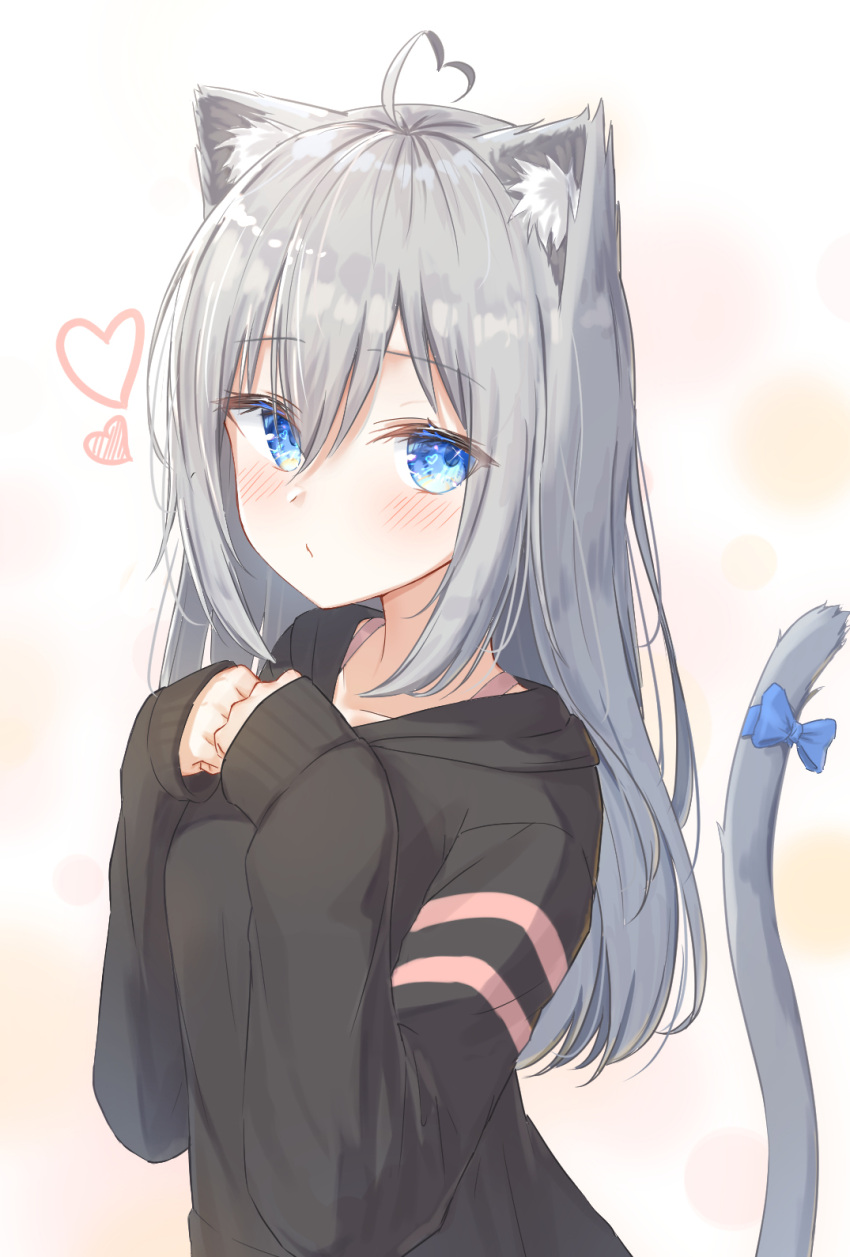 1girl animal_ear_fluff animal_ears black_hoodie blue_eyes cat_ears cat_girl cat_tail grey_hair highres hood hood_down hoodie long_hair looking_at_viewer original sleeves_past_wrists tail tokano_56