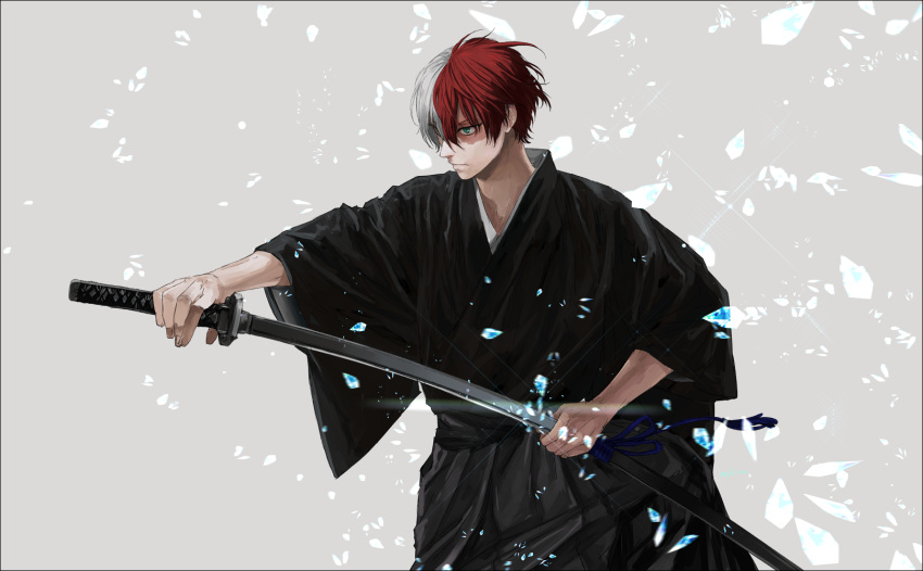 1boy blue_eyes boku_no_hero_academia burn_scar drawing_sword grey_background highres holding holding_sword holding_weapon ice japanese_clothes katana lens_flare male_focus mkm_(mkm_storage) multicolored_hair redhead scar scar_on_face signature solo split-color_hair sword todoroki_shouto two-tone_hair weapon white_hair