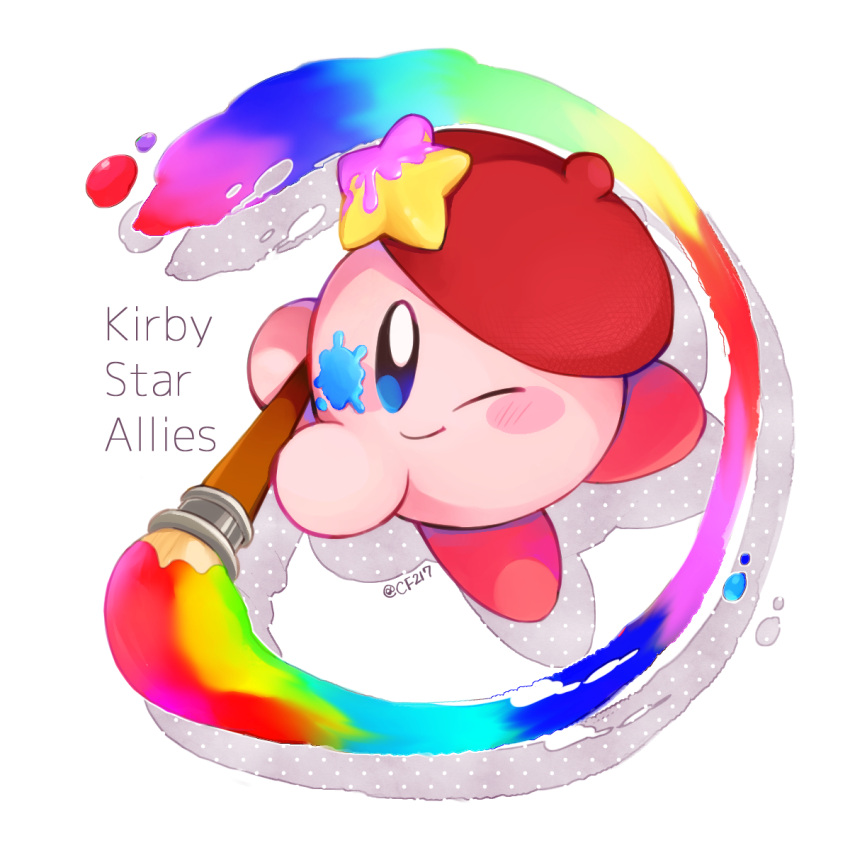 beret blue_eyes blush_stickers cf217 english_text hat highres holding holding_paintbrush kirby kirby:_star_allies kirby_(series) one_eye_closed paint_splatter paint_splatter_on_face paintbrush rainbow_gradient signature simple_background smile solo solo_focus star_(symbol) white_background