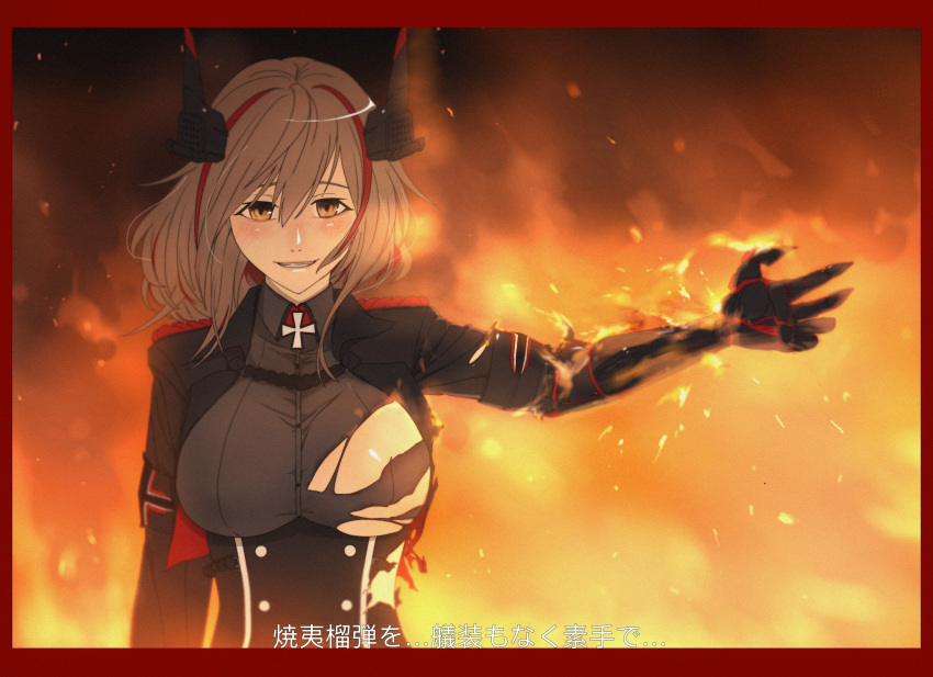1girl akizuki_(17769498) azur_lane black_jacket black_shirt breasts buttons double-breasted fire framed_breasts headgear highres jacket large_breasts light_brown_hair looking_at_viewer mechanical_arms medium_hair multicolored_hair prosthesis prosthetic_arm redhead roon_(azur_lane) shirt single_mechanical_arm solo streaked_hair taut_clothes taut_shirt torn_clothes torn_shirt two-tone_hair upper_body