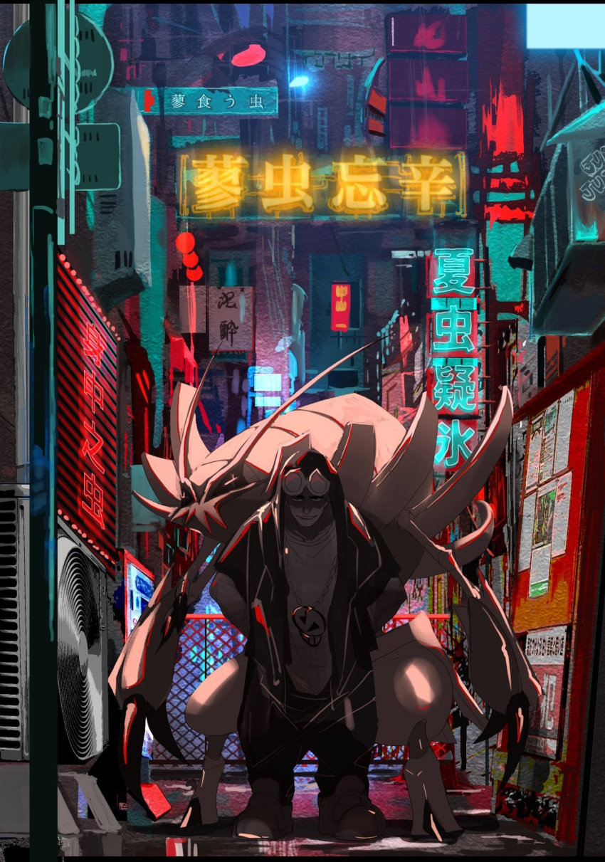 1boy black_jacket city comanie eyewear_on_head fence full_body golisopod guzma_(pokemon) hands_in_pockets highres hood jacket jewelry male_focus neon_lights pants pokemon pokemon_(creature) pokemon_(game) pokemon_sm shirt sunglasses white_shirt yellow-framed_eyewear