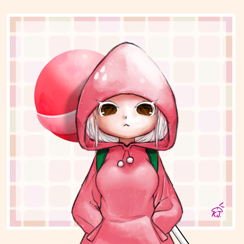 1girl brown_eyes candy cookie_run food frown highres hood hoodie hoodie_removed lollipop messy_hair moe_kayjay patterned_background personification solo square strawberry_cookie white_hair