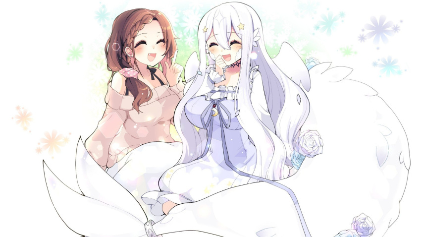 2girls aurora_(vtuber) axia_(03400441) blush breasts brown_hair closed_eyes commission crescent_moon dragon_girl dragon_tail dress flower hair_ornament highres indie_virtual_youtuber large_breasts laughing long_hair moon multiple_girls riona_(vtuber) rose skeb_commission star_(symbol) star_hair_ornament tail virtual_youtuber white_background white_hair