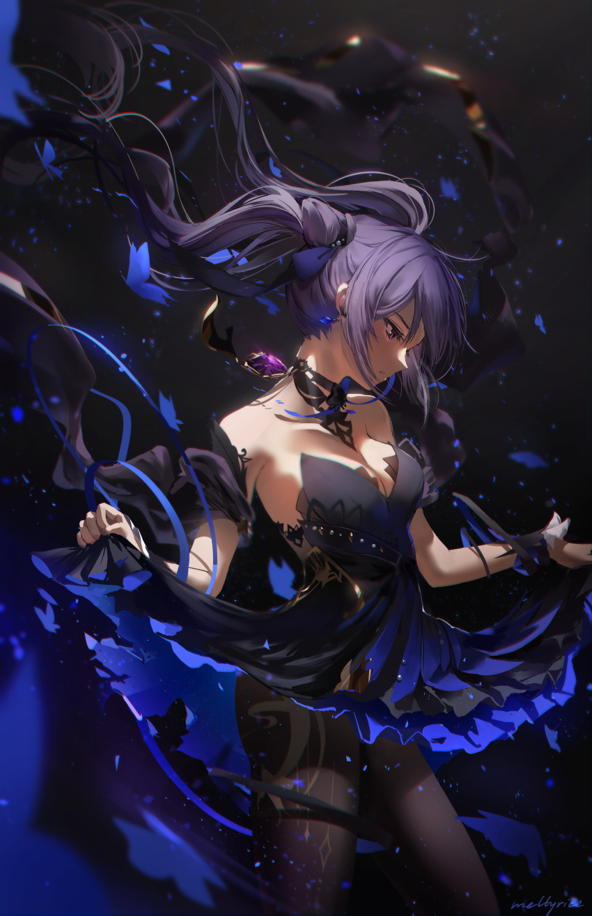 1girl absurdres bangs bare_shoulders beads black_background black_dress black_legwear blue_butterfly blue_dress blue_ribbon breasts bug butterfly cowboy_shot detached_sleeves dissolving_clothes dress earrings eyelashes floating_hair from_side gem genshin_impact hair_beads hair_cones hair_ornament hair_ribbon highres jewelry keqing_(genshin_impact) light_particles long_hair looking_away looking_down meltyrice motion_blur necklace pantyhose parted_lips profile purple_hair ribbon short_dress side_bun silhouette skirt_hold solo twintails violet_eyes wrist_cuffs
