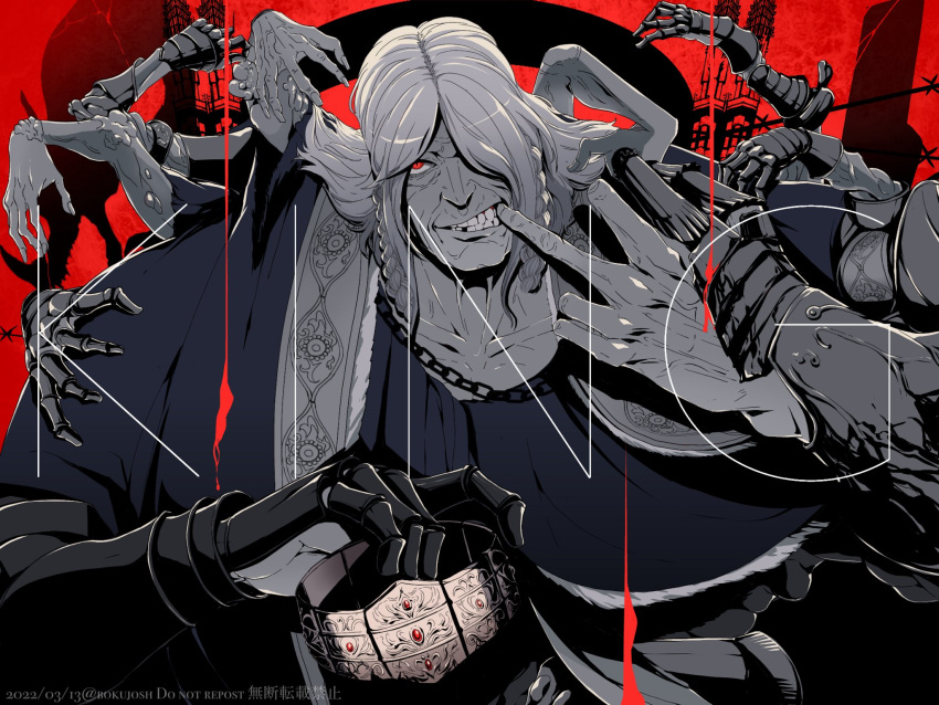 crown elden_ring extra_arms finger_in_mouth gauntlets godrick_the_grafted grin highres holding holding_crown josh_rayda king_(vocaloid) looking_at_viewer one_eye_closed red_eyes red_theme smile