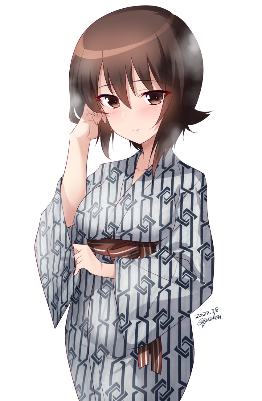 1girl artist_name blush breasts brown_eyes brown_hair closed_mouth collarbone dated eyebrows_visible_through_hair girls_und_panzer highres japanese_clothes kimono kuzuryuu_kennosuke looking_at_viewer medium_breasts nishizumi_maho shiny shiny_hair short_hair simple_background smile solo standing sweat white_background