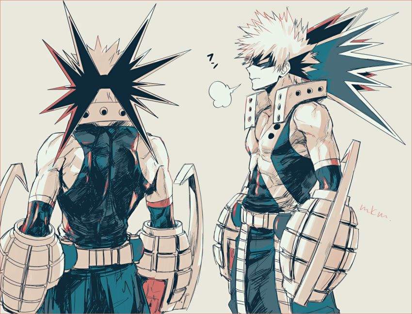 1boy abs back bakugou_katsuki beige_background blonde_hair boku_no_hero_academia commentary_request explosive grenade male_focus masked mkm_(mkm_storage) multiple_views pectorals profile red_eyes signature simple_background spiky_hair toned toned_male