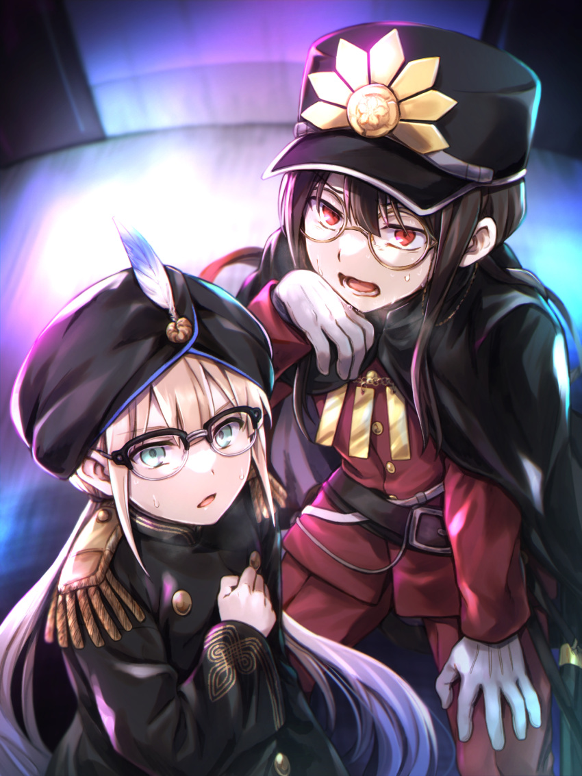 arm_support bangs belt belt_buckle bespectacled black-framed_eyewear black_belt black_cape black_hair black_headwear black_jacket blue_hair brown-framed_eyewear brown_hair buckle cape captain_nemo_(fate) epaulettes eyebrows_visible_through_hair family_crest fate/grand_order fate_(series) glasses gloves gradient_hair green_eyes hair_between_eyes hat heavy_breathing highres jacket long_hair long_sleeves looking_at_viewer low_twintails multicolored_hair nemo_(fate) oda_nobukatsu_(fate) oda_uri open_mouth over-kneehighs pants peaked_cap red_eyes red_pants red_shirt round_eyewear shirt tachitsu_teto thigh-highs turban twintails very_long_hair white_gloves wide_sleeves