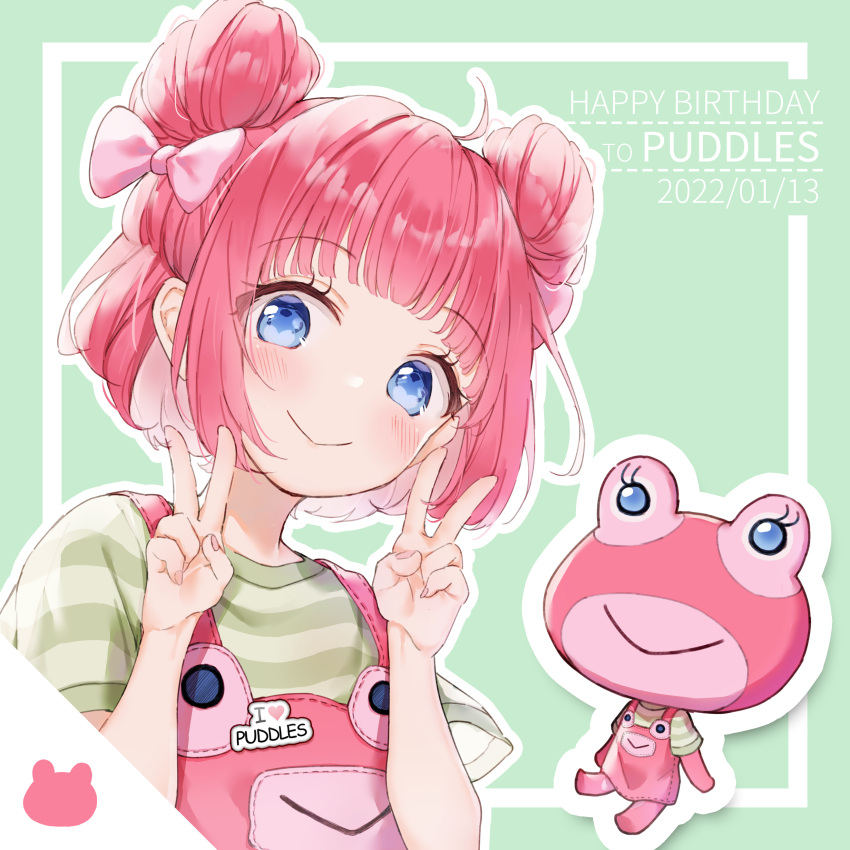 1girl absurdres animal_crossing blue_eyes chilia012 double_bun frog frog_girl green_hair highres medium_hair multiple_persona overalls personification pink_hair puddles_(animal_crossing)