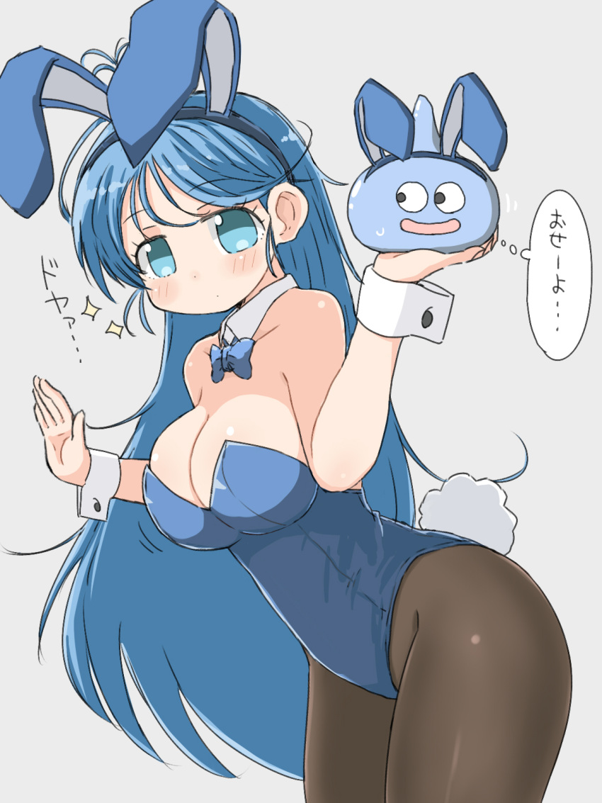 1girl animal_ears black_legwear blue_bow blue_bowtie blue_eyes blue_hair blue_leotard bow bowtie breasts commentary_request cowboy_shot detached_collar dragon_quest dragon_quest_iii highres large_breasts leaning_forward leotard long_hair naitou_kouse pantyhose playboy_bunny rabbit_ears rabbit_tail sage_(dq3) simple_background slime_(creature) slime_(dragon_quest) strapless strapless_leotard tail white_background wrist_cuffs