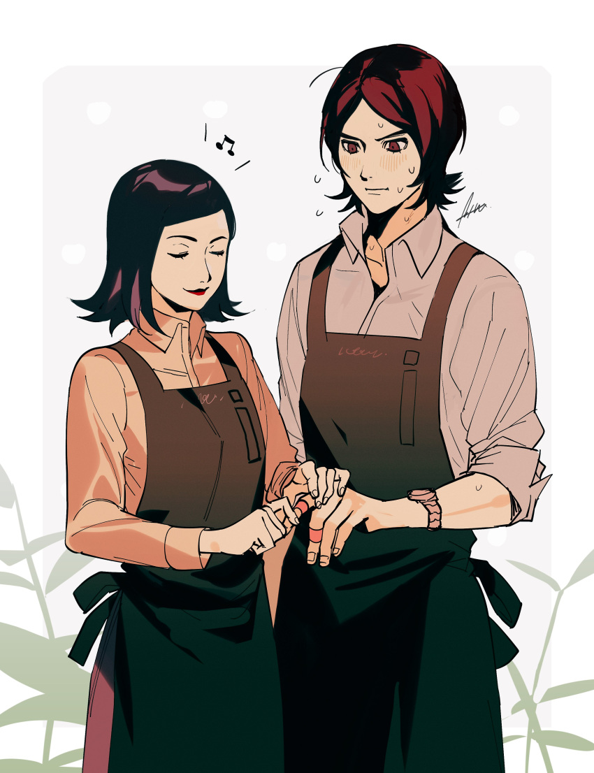 1boy 1girl absurdres amano_maya apron bandaid bandaid_on_hand black_hair brown_eyes brown_hair btmr_game closed_eyes closed_mouth flying_sweatdrops green_apron highres lips musical_note persona persona_2 shirt signature simple_background suou_tatsuya sweat symbol-only_commentary watch watch