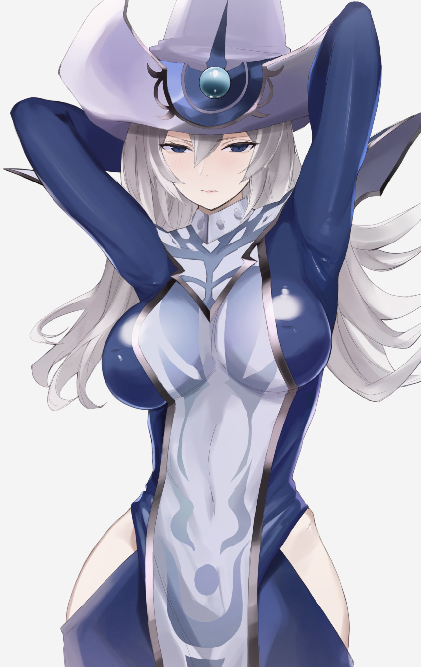 1girl absurdres arms_up bangs blue_bodysuit blue_dress blue_eyes blue_headwear bodysuit breasts covered_nipples dress duel_monster hair_between_eyes hair_over_one_eye hat highres hip_vent holding_headdress inverted_nipples kataku_musou large_breasts long_hair one_eye_covered silent_magician skin_tight solo surcoat white_background white_hair witch_hat yu-gi-oh!
