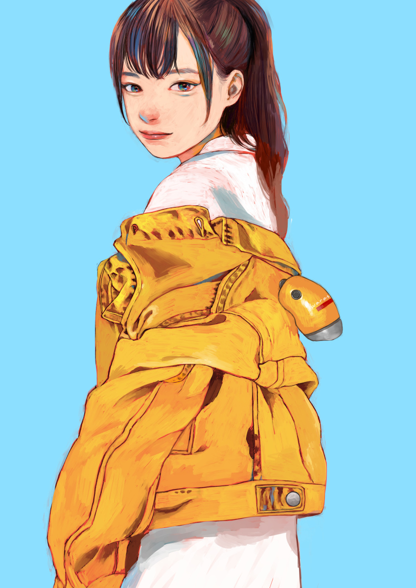 1girl absurdres blue_background blue_eyes brown_hair from_behind highres jacket junjunforever long_hair looking_to_the_side multicolored_eyes off_shoulder original ponytail smile solo yellow_jacket