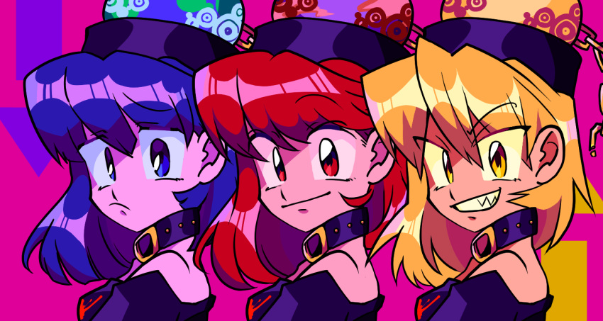 3girls black_shirt blonde_hair blue_eyes blue_hair breasts chain closed_mouth earth_(ornament) gold_chain grin hecatia_lapislazuli hecatia_lapislazuli_(earth) hecatia_lapislazuli_(moon) moon_(ornament) multiple_girls multiple_persona off-shoulder_shirt off_shoulder pink_background polos_crown red_eyes redhead shirt small_breasts smile t-shirt takayo_(user_yeah3737) touhou yellow_eyes