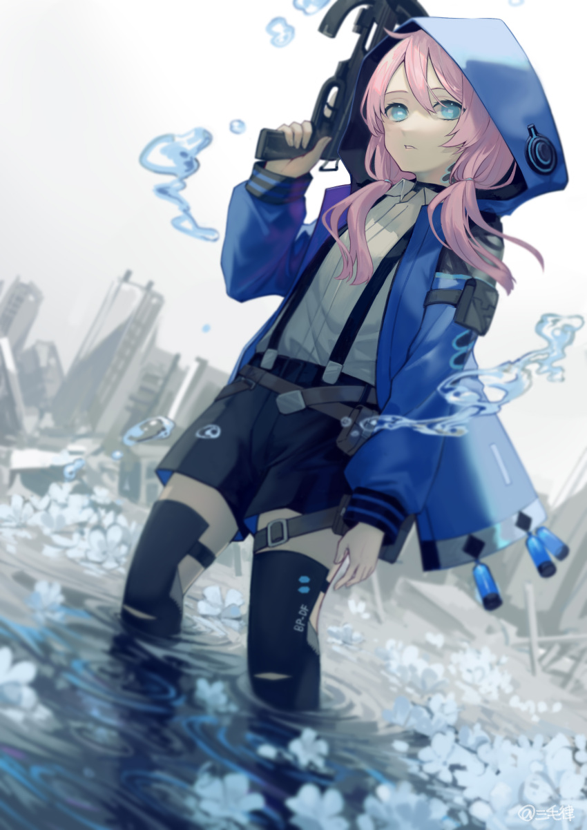 1girl absurdres arknights bangs black_shirt black_shorts blue_eyes blue_jacket blue_poison_(arknights) cityscape collared_shirt crossbow flower highres holding holding_crossbow holding_weapon hood hooded_jacket jacket long_hair long_sleeves looking_at_viewer low_twintails miike_(992058) open_clothes open_jacket parted_lips pink_hair ripples shirt shorts solo standing suspender_shorts suspenders thigh-highs trigger_discipline twintails wading water weapon white_flower white_shirt