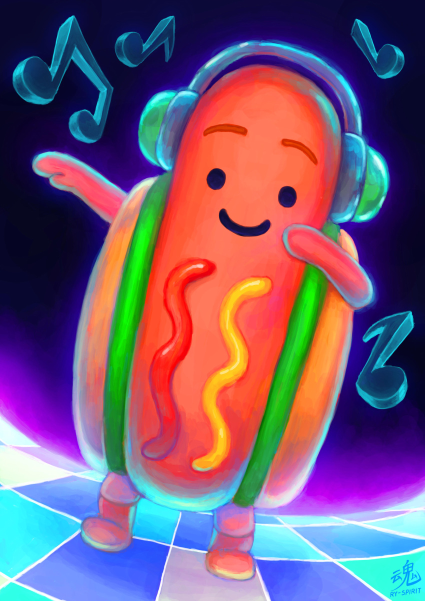 1other absurdres artist_name beamed_eighth_notes closed_mouth commentary dancing dancing_hot_dog_(snapchat) dutch_angle eighth_note english_commentary full_body glowing headphones highres looking_at_viewer musical_note quarter_note raised_eyebrows ry-spirit signature smile snapchat solo tile_floor tiles