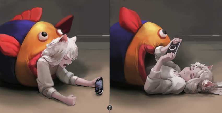1girl absurdres angry animal_ears cat_ears closed_eyes dana_(ocana_dana) doll fish handheld_game_console highres lying meme on_back original playing_games playstation_portable sweater white_hair white_sweater