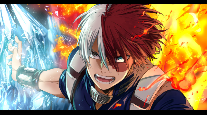 1boy blue_eyes boku_no_hero_academia burn_scar fire grey_eyes heterochromia highres ice incoming_attack looking_at_viewer male_focus mkm_(mkm_storage) multicolored_hair open_mouth redhead scar scar_on_face signature solo split-color_hair teeth todoroki_shouto tongue two-tone_hair u.a._gym_uniform white_hair