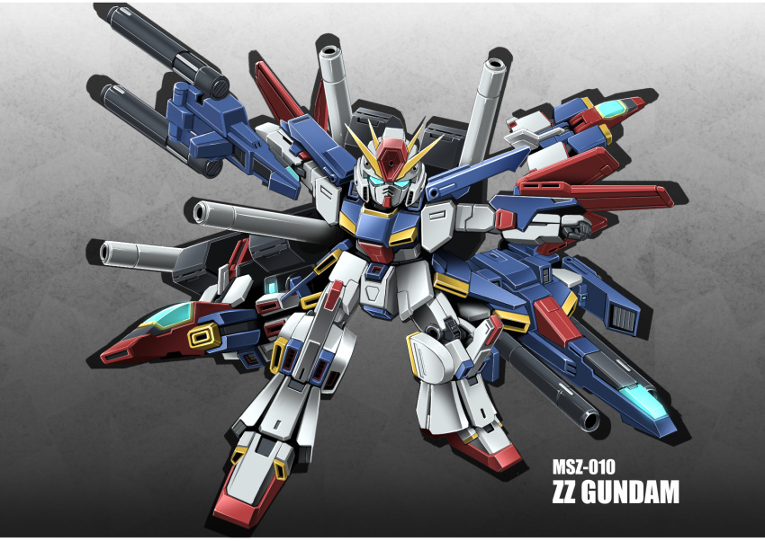 alternate_form beam_rifle character_name chibi commentary_request core_fighter energy_gun english_text full_body gradient gradient_background grey_background gundam gundam_zz highres looking_at_viewer mecha mobile_suit no_humans pose science_fiction sd_gundam sibelurabbi v-fin weapon white_background zz_gundam