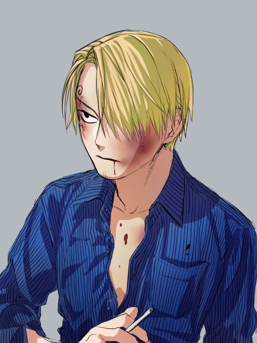 1boy 4myaku1 black_eyes blonde_hair blood blood_from_mouth blue_shirt bruise bruise_on_face cigarette hair_over_one_eye highres holding holding_cigarette injury male_focus one_piece sanji shirt simple_background solo
