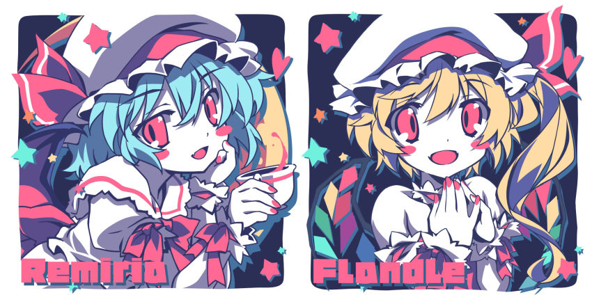 2girls :d asymmetrical_hair bat_wings blonde_hair blue_hair blush_stickers bow bowtie character_name collared_shirt commentary crystal cup eyebrows_visible_through_hair fingernails flandre_scarlet frilled_shirt_collar frills hair_between_eyes hand_on_own_cheek hand_on_own_face hat hat_ribbon head_rest heart highres holding holding_cup looking_at_viewer lumine_(2339) medium_hair mob_cap multiple_girls nail_polish one_side_up open_mouth own_hands_together red_bow red_bowtie red_eyes red_nails red_ribbon red_vest remilia_scarlet ribbon shirt short_hair siblings sisters smile star_(symbol) teacup touhou upper_body vest white_headwear white_shirt wings wrist_cuffs