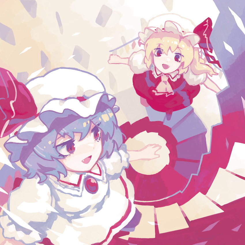 2girls :d album_cover ascot blonde_hair blue_hair brooch collared_dress commentary cover dress eyebrows_visible_through_hair fang flandre_scarlet frilled_sleeves frills hat hat_ribbon highres jewelry looking_at_another looking_back mob_cap multiple_girls open_mouth puffy_short_sleeves puffy_sleeves red_dress red_eyes red_ribbon remilia_scarlet ribbon short_hair short_sleeves siblings side_ponytail sisters smile stairs touhou wasabisuke white_dress white_headwear yellow_ascot