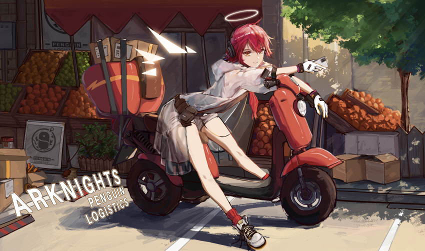 1girl arknights bangs bare_legs box bucket cardboard_box cellphone copyright_name day exusiai_(arknights) exusiai_(city_rider)_(arknights) eyebrows_visible_through_hair food fruit full_body gloves grey_footwear grey_shorts ground_vehicle halo headphones highres holding holding_phone hood hood_down hooded_jacket jacket leaning_forward light_rays looking_at_viewer motor_vehicle official_alternate_costume orange_eyes outdoors parted_lips penguin_logistics_logo phone red_legwear redhead scooter shoes short_hair short_sleeves shorts sitting smartphone smile sneakers socks solo storefront sunbeam sunlight sunmyrica tree white_gloves white_jacket