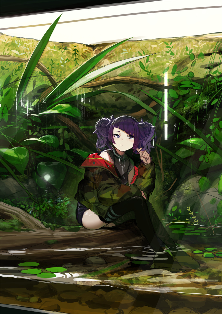 1girl :| bangs black_jacket black_legwear black_shirt blue_eyes closed_mouth diagonal_bangs from_side full_body hair_twirling hand_up highres idolmaster idolmaster_shiny_colors jacket lily_pad log long_hair long_sleeves looking_at_viewer looking_to_the_side moss nature off_shoulder open_clothes open_jacket partially_underwater_shot plant puffy_long_sleeves puffy_sleeves purple_hair shirt sitting sleeveless sleeveless_shirt soaking_feet solo tanaka_mamimi thigh-highs twintails water zhili_xingzou