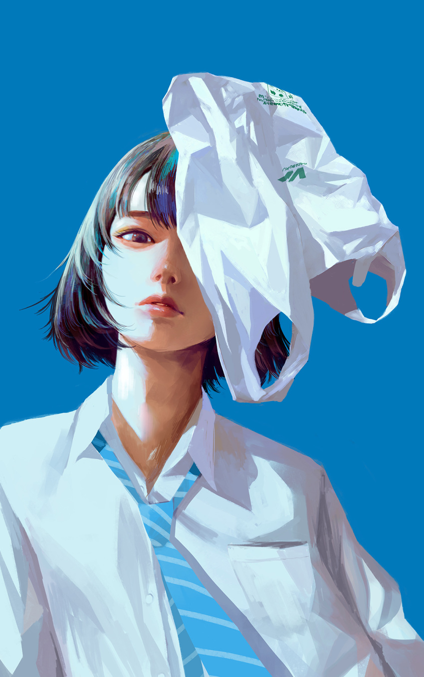 1girl bag bangs black_hair blue_background blue_necktie collared_shirt highres looking_at_viewer looking_down necktie original parted_lips plastic_bag realistic shirt short_hair short_sleeves simple_background solo violet_eyes wataboku white_shirt
