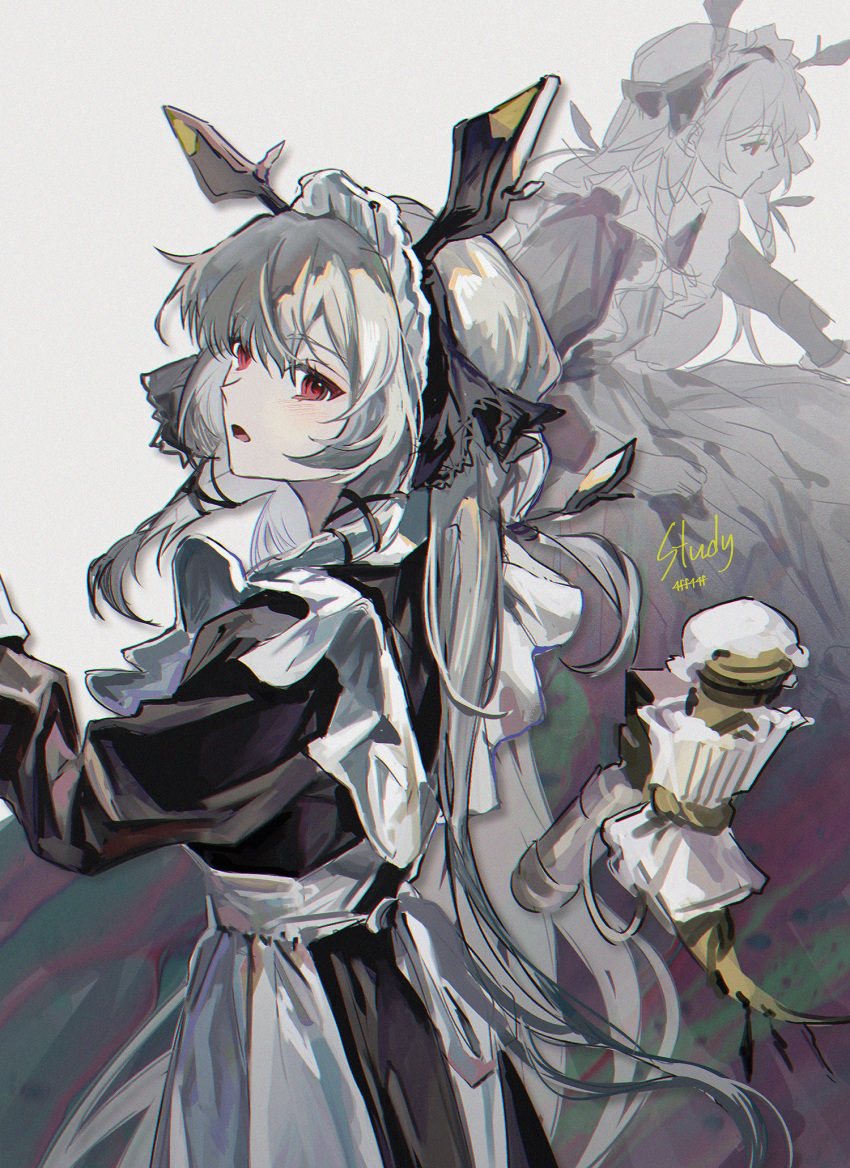 1girl alternate_costume animal_ears apron arknights bangs black_dress blush clear_(4ff44f) cowboy_shot dress enmaided floating highres leaf_(arknights) long_hair long_sleeves maid maid_headdress multiple_views open_mouth red_eyes silver_hair simple_background very_long_hair weedy_(arknights) white_apron white_background