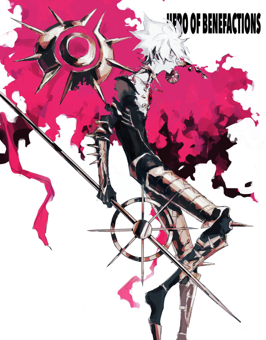 1boy armor background_text bangs bishounen blue_eyes bodysuit cape chest_jewel earrings fate/apocrypha fate/extra fate/extra_ccc fate/grand_order fate_(series) fur_collar gloves highres holding holding_polearm holding_weapon jewelry karna_(fate) looking_away male_focus math_fk05 pale_skin polearm red_fur short_hair single_earring solo spear spikes vasavi_shakti_(fate) weapon white_hair