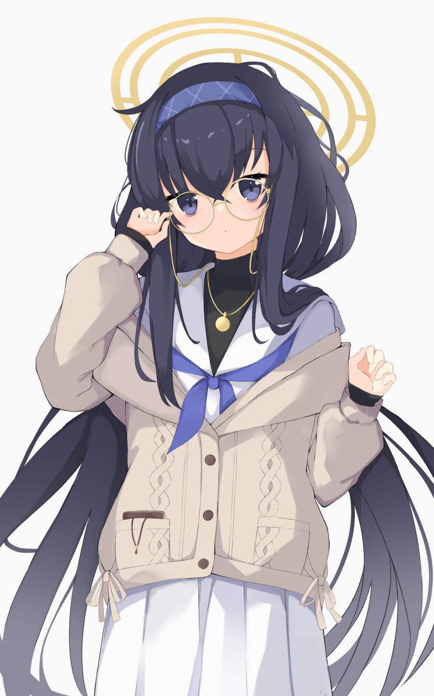1girl adjusting_eyewear black_hair blue_archive blue_eyes blush commentary_request glasses hair_between_eyes halo headband highres long_hair looking_at_viewer school_uniform solo sweater ui_(blue_archive) white_background yoi0341