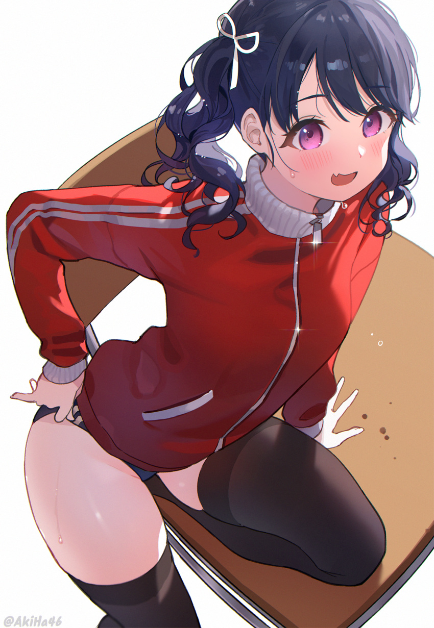 1girl :d arm_support bangs black_hair black_legwear blue_buruma blush buruma chair commentary_request desk eyebrows_visible_through_hair fang feet_out_of_frame fukumaru_koito highres idolmaster idolmaster_shiny_colors jacket kuri_choko long_hair long_sleeves looking_at_viewer on_desk red_jacket school_chair school_desk simple_background sleeves_past_wrists smile solo sweat thigh-highs track_jacket twintails violet_eyes white_background