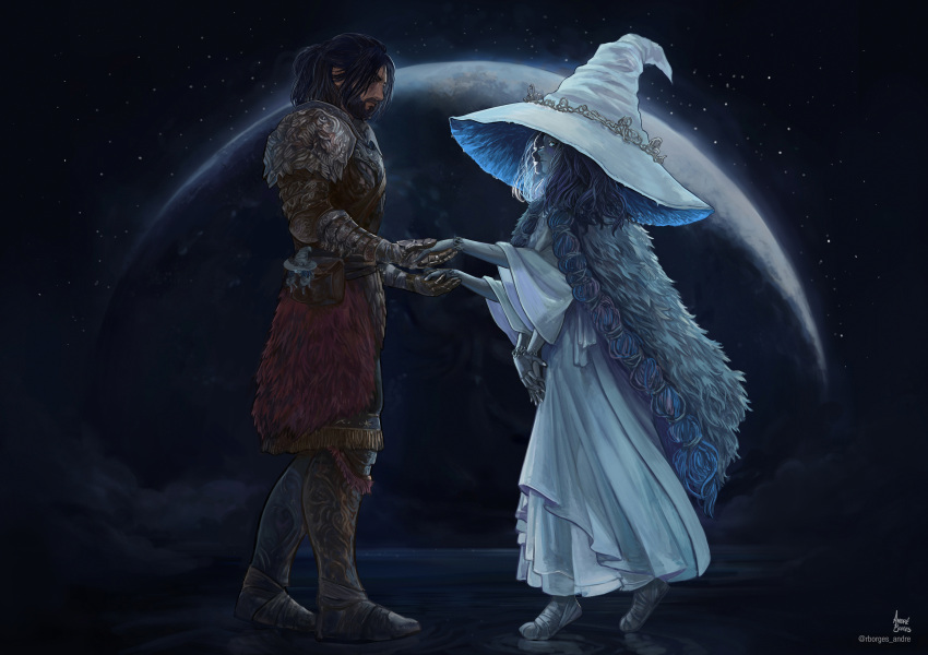1boy 1girl absurdres andre_borges armor beard blue_skin cloak colored_skin cracked_skin doll_joints dress elden_ring extra_arms facial_hair fur_cloak hat highres holding_hands joints looking_at_another moon pelt ranni_the_witch robe standing tarnished_(elden_ring) witch_hat
