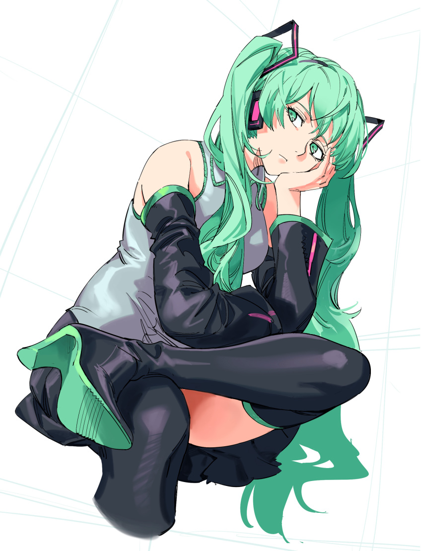 1girl absurdres arm_support black_footwear black_skirt boots closed_mouth crossed_legs detached_sleeves green_eyes green_hair grey_shirt hatsune_miku headphones headset high_heel_boots high_heels highres invisible_chair long_hair long_sleeves looking_at_viewer miniskirt pleated_skirt ruukii_drift shirt sitting skirt sleeveless sleeveless_shirt solo thigh-highs thigh_boots twintails very_long_hair vocaloid white_background