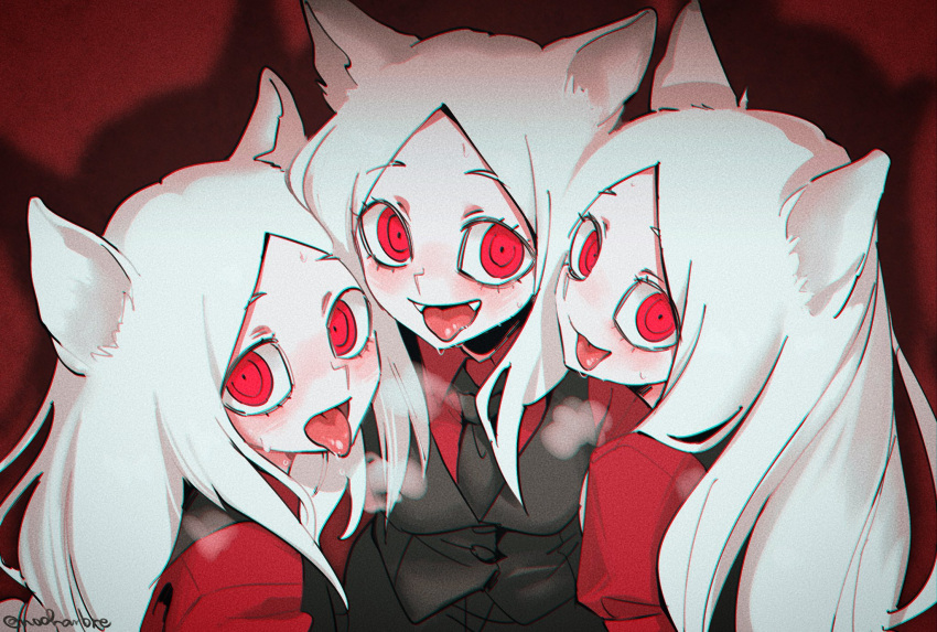 3girls animal_ears artist_name bangs black_vest breasts cerberus_(helltaker) collared_shirt demon_girl dog_ears dog_girl fangs helltaker highres long_hair looking_at_viewer medium_breasts multiple_girls noah_(tettsui-sole) open_mouth parted_bangs red_eyes red_shirt saliva shirt smile tail tongue tongue_out triplets vest white_hair