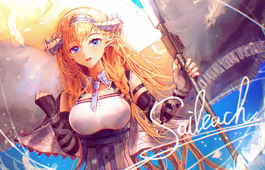 1girl absurdres arknights bangs bare_shoulders blonde_hair blue_hair blue_hairband breasts character_name commentary fingerless_gloves gloves hachiko_(0088) hairband highres horns large_breasts long_hair looking_at_viewer open_mouth pointy_ears saileach_(arknights) solo upper_body