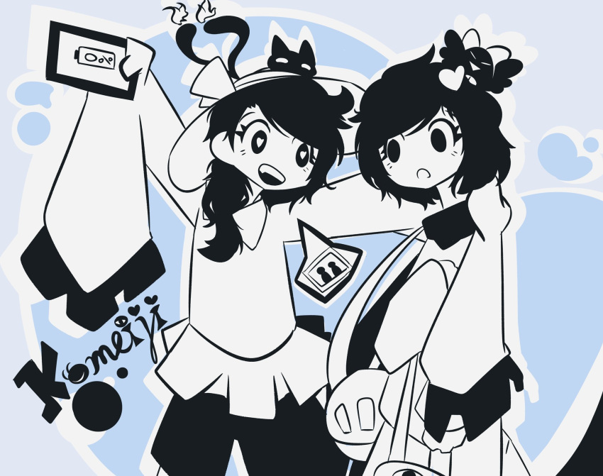 2girls :o animal_on_head arm_at_side bag bird bird_on_head blouse blush cat cat_on_head character_name commentary fang flame-tipped_tail frilled_sleeves frills hair_ornament hair_over_shoulder hand_on_another's_shoulder hand_on_own_chest handbag hat hat_ribbon heart heart-shaped_pupils heart_hair_ornament highres holding holding_bag holding_phone kaenbyou_rin kaenbyou_rin_(cat) komeiji_koishi komeiji_satori long_hair long_sleeves looking_at_another monochrome multiple_girls multiple_tails on_head outstretched_arms phone reiuji_utsuho reiuji_utsuho_(bird) ribbon short_hair siblings sisters skirt sleeves_past_fingers sleeves_past_wrists speech_bubble split_mouth svenojilasity symbol-shaped_pupils tail teeth third_eye touhou two_tails upper_teeth very_long_sleeves wide_sleeves