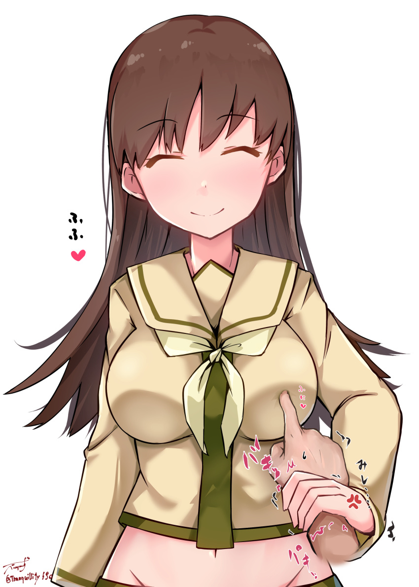 1girl absurdres baileys_(tranquillity650) breast_poke breasts brown_hair closed_eyes green_neckerchief heart highres holding_another's_wrist kantai_collection long_hair long_sleeves male_hand medium_breasts midriff navel neckerchief ooi_(kancolle) ooi_kai_ni_(kancolle) poking school_uniform serafuku smile solo_focus trembling