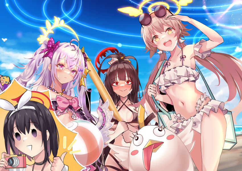 4girls :d absurdres azusa_(blue_archive) beach bikini black_bikini black_hair blue_archive blue_sky blush brown_hair camera closed_mouth clouds cloudy_sky eyewear_on_head frilled_bikini frills halo hifumi_(blue_archive) highres holding holding_camera mashiro_(blue_archive) multiple_girls open_clothes outdoors pink_eyes purple_bikini purple_hair red_eyes seabread sky smile summer_uniform sunglasses swimsuit thumbs_up tsurugi_(blue_archive) twintails white_bikini yellow_eyes