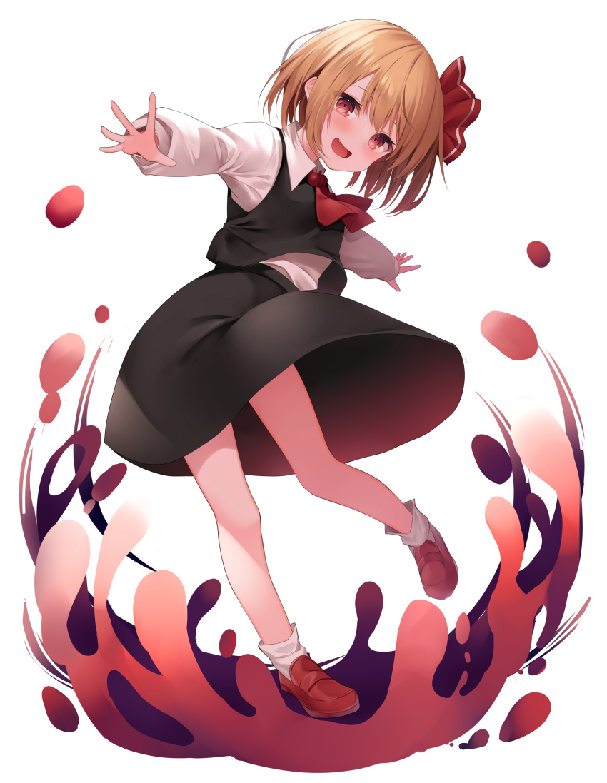 1girl :d absurdres ascot bangs bare_legs black_skirt black_vest blonde_hair blush eyebrows_visible_through_hair fang full_body head_tilt highres komomo_(ptkrx) long_sleeves looking_at_viewer neck_bobbles open_mouth outstretched_arms puffy_long_sleeves puffy_sleeves red_ascot red_eyes rumia simple_background skin_fang skirt smile solo standing standing_on_one_leg touhou vest white_background wing_collar